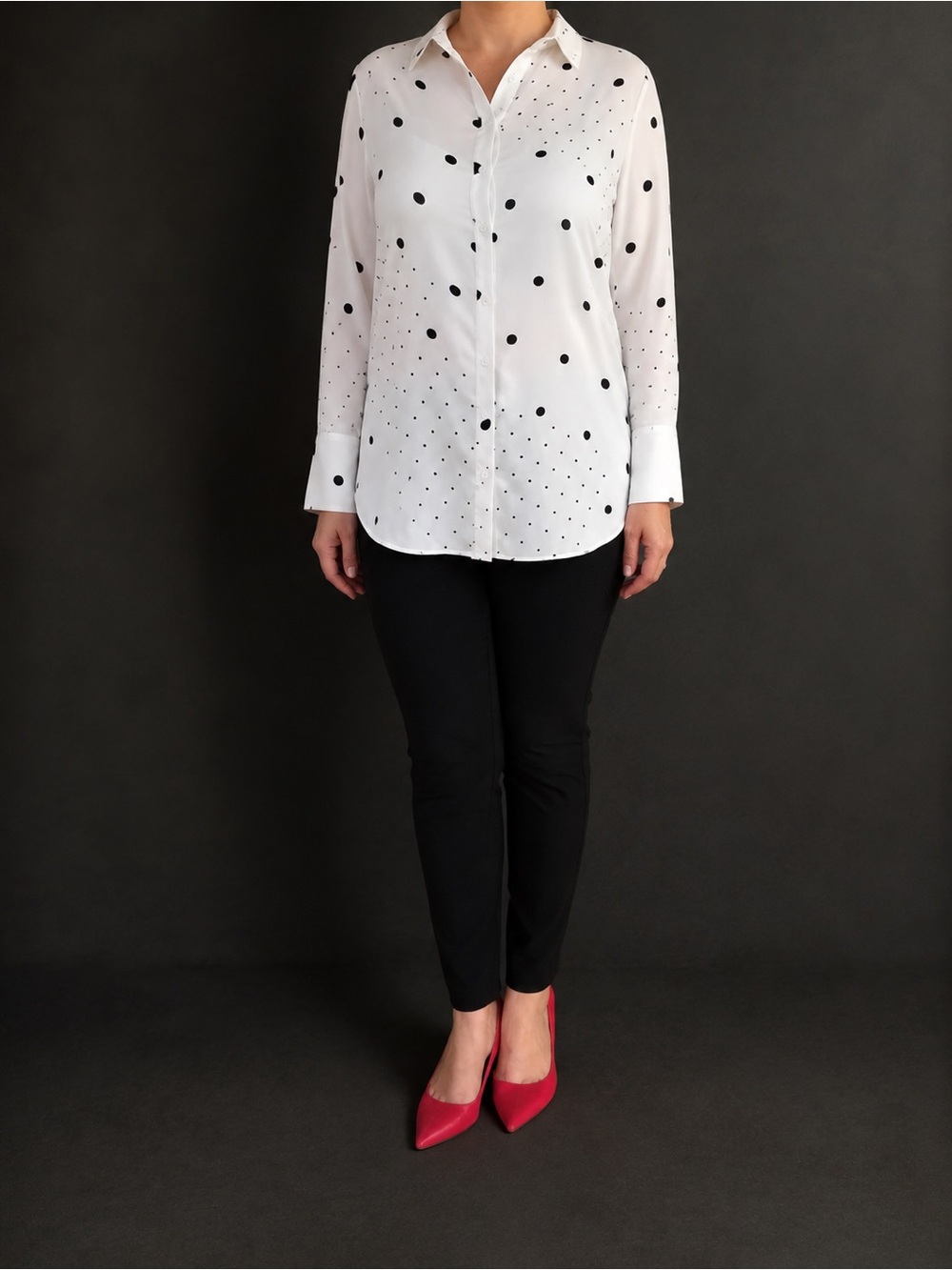 Tahari White Button-Down Shirt with Black Polka Dots